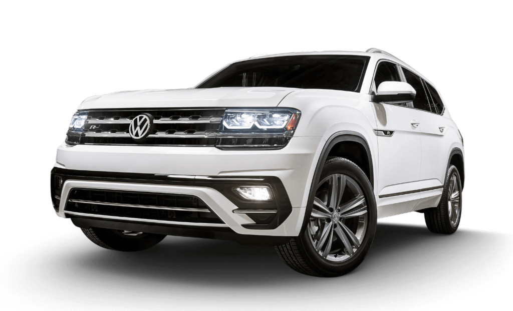 The front end of a white 2020 Volkswagen Atlas SUV