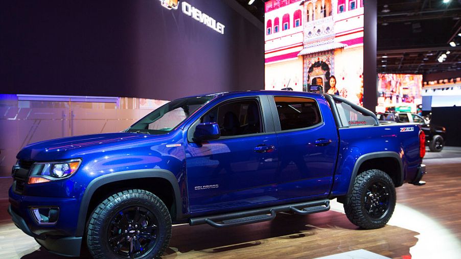 A Chevrolet Colorado on display at an auto show.