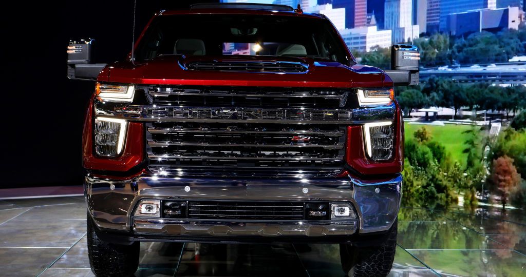 The 2020 Chevy Silverado HD on display at an auto show.