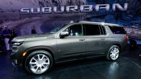 The 2021 Chevy Suburban on display at an auto show