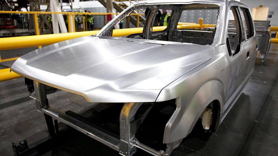 An aluminum Ford truck body on the factory line.
