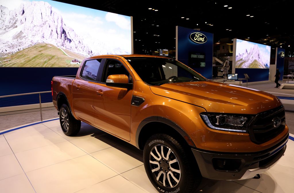 A 2019 Ford Ranger on display at an auto show