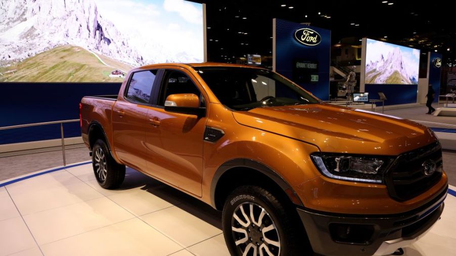 A 2019 Ford Ranger on display at an auto show