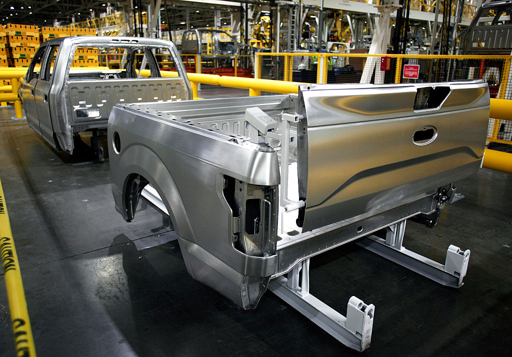 A Ford aluminum truck bed in the factory.