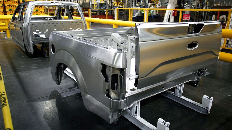A Ford aluminum truck bed in the factory.