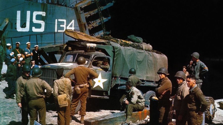 A GMC Army truck getting ready to transport troops in WW2