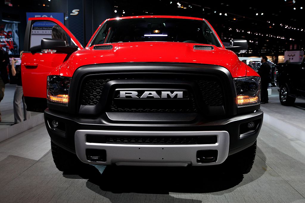 A Ram truck on display with a Hemi engine.