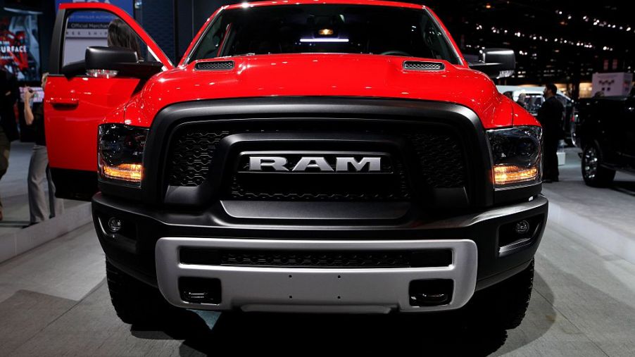 A Ram truck on display with a Hemi engine.