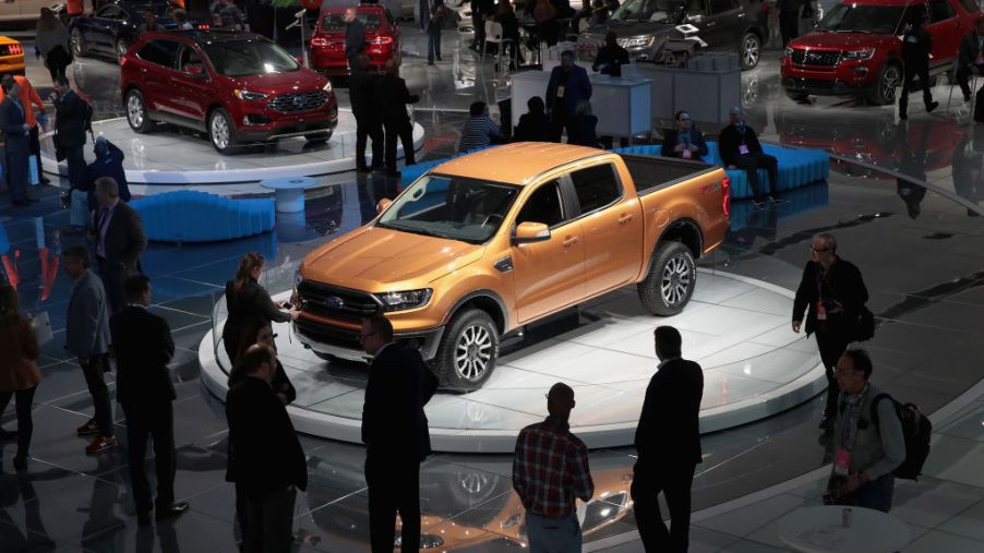 A Ford Ranger pickup truck on display
