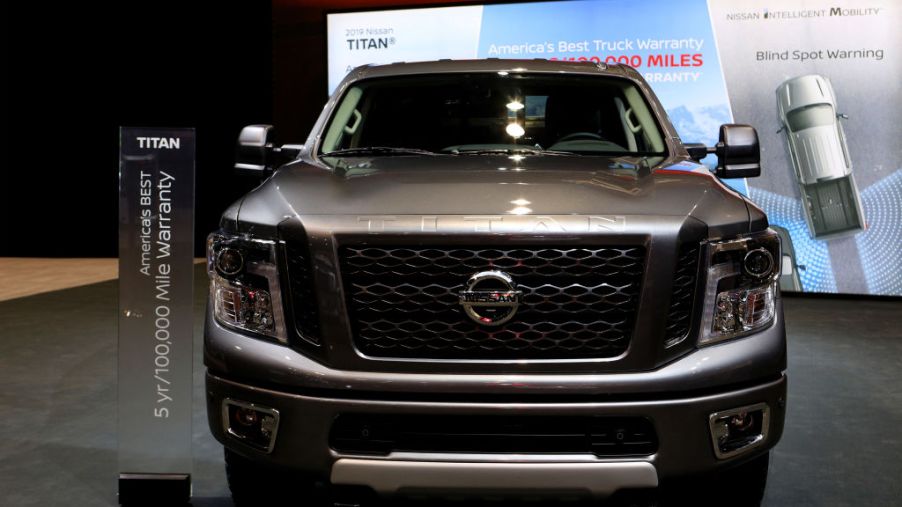 A Nissan Titan on display at an auto show.