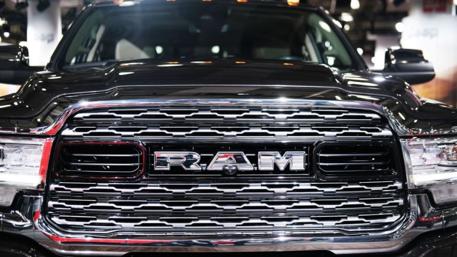 The grill of a 2020 Ram truck is displayed at the New York International Auto Show
