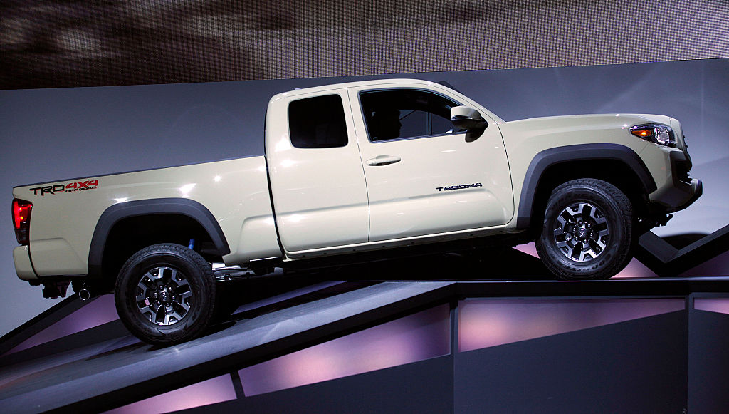 A Toyota Tacoma TRD on display at an auto show.