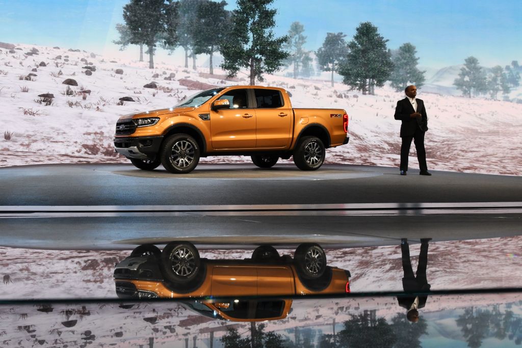 The 2019 Ford Ranger being debuted at an auto show
