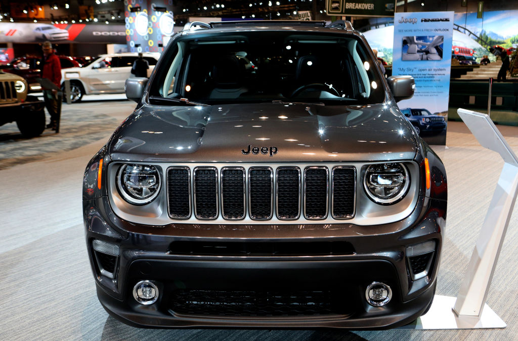A Jeep Renegade on display during an auto show