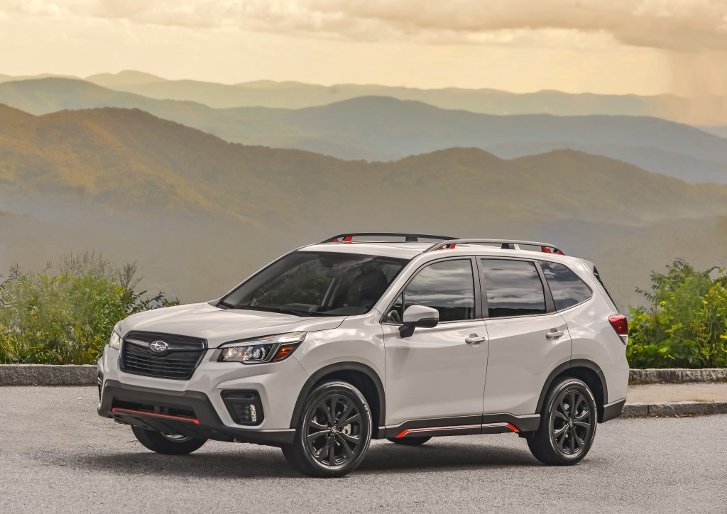 2019 Subaru Forester Sport, one of the best Subaru Forester years, parked in front of mountains.