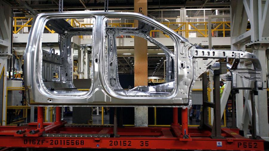 A Ford F-150 aluminum body truck being assembled.