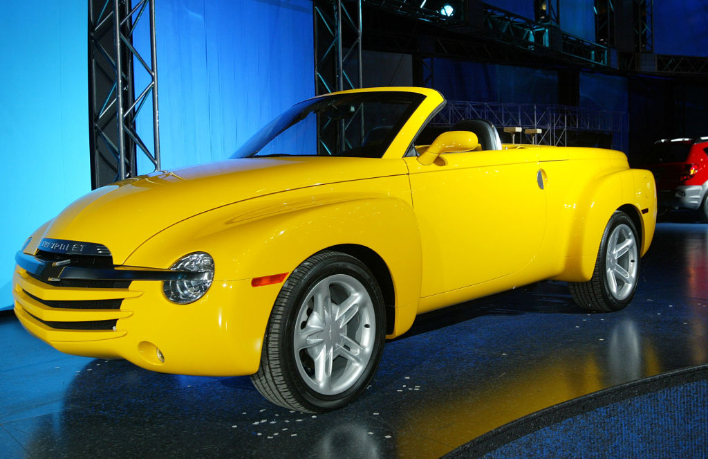 A Chevy SSR convertible pickup truck on display