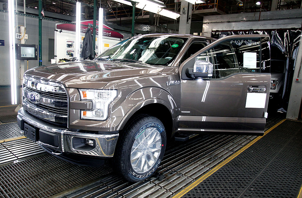 A Ford F-150 going through the assembly line