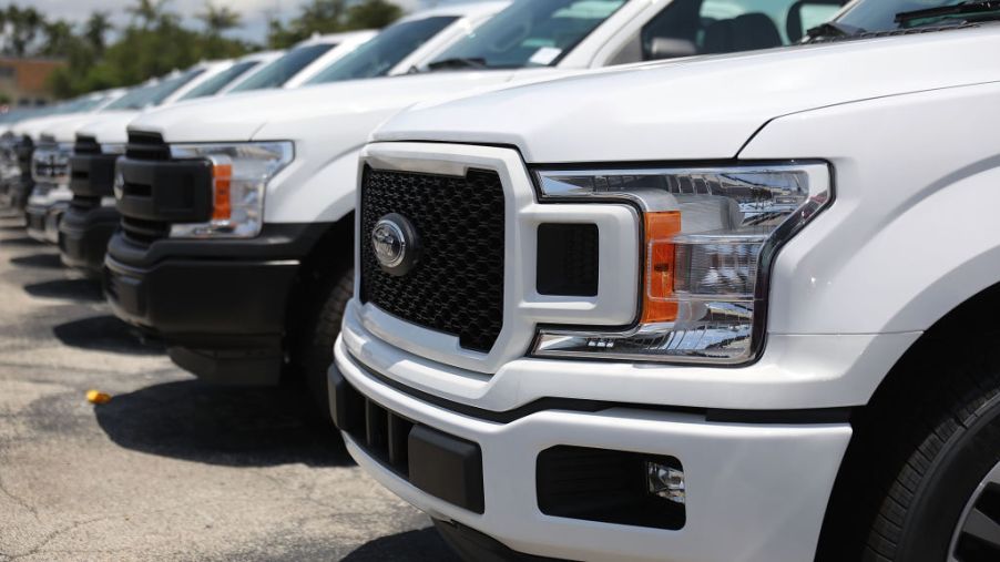 Ford F-150 trucks for sale at a dealership in Miami