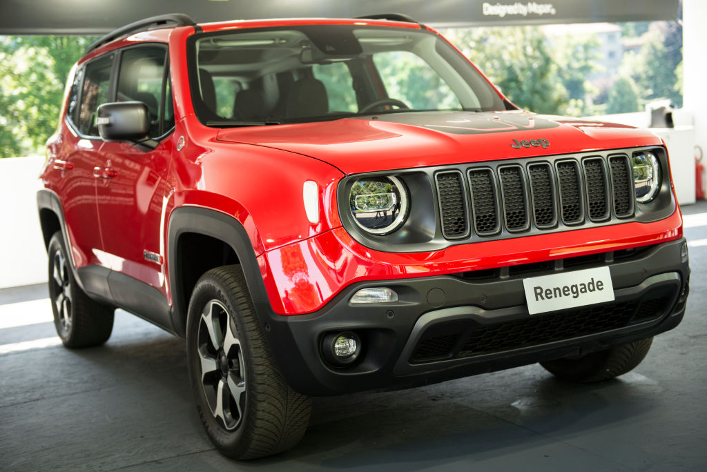 A Jeep Renegade on display at an auto show