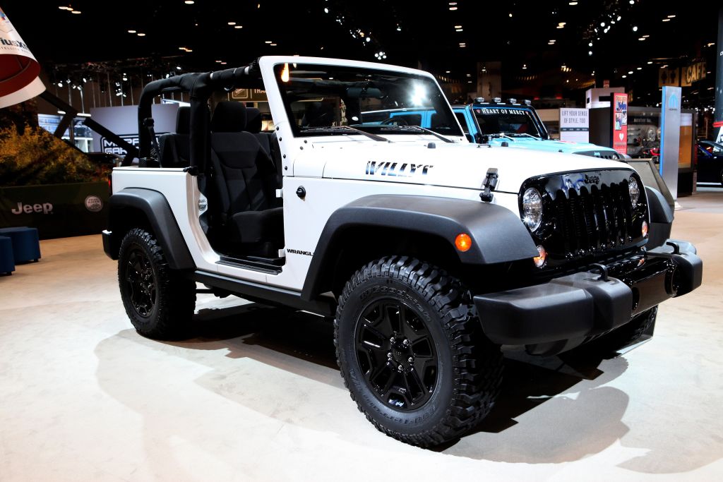 A special edition Jeep Wrangler Willys on display at an auto show