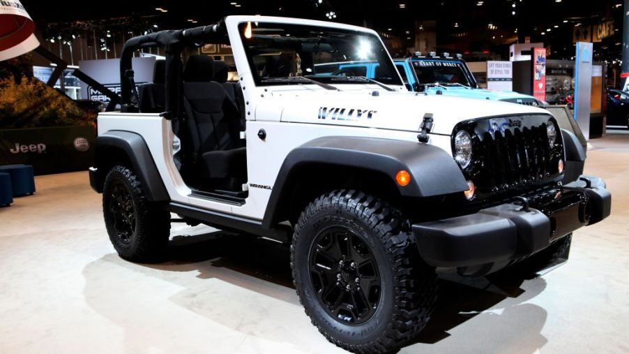 A special edition Jeep Wrangler Willys on display at an auto show