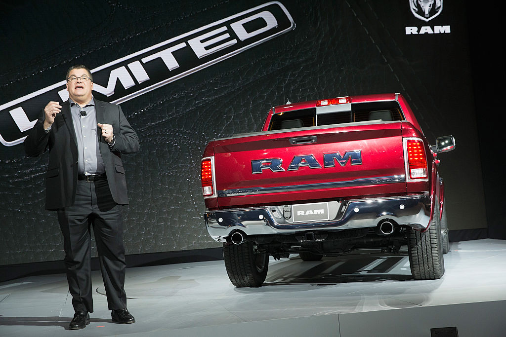 A Ram 1500 being debuted at an auto show
