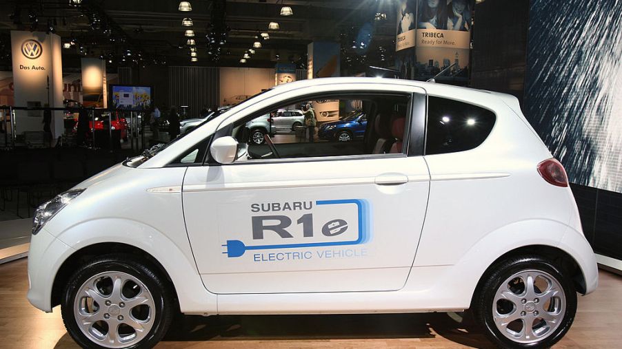 A Subaru electric car on display