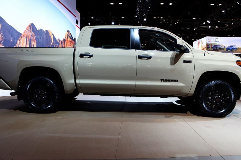 A white Toyota Tundra on display during an auto show