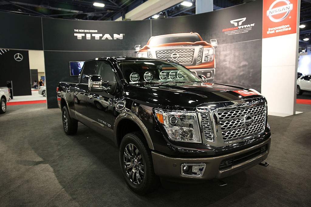 A Nissan Titan on display at an auto show