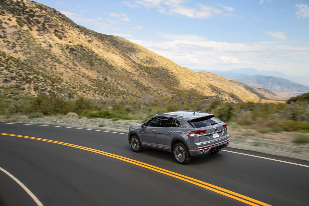 2020 Volkswagn Atlas Cross Sport rear view while driving