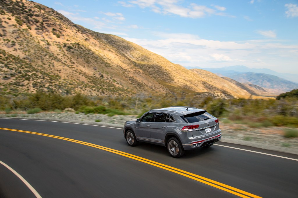 2020 Volkswagn Atlas Cross Sport rear view while driving