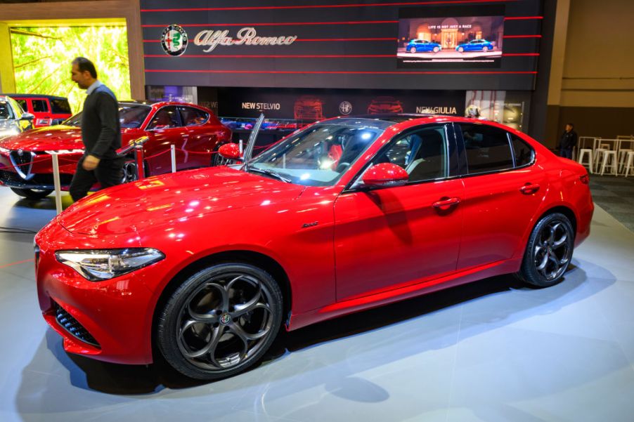An Alfa Romeo GIulia on display at an auto show
