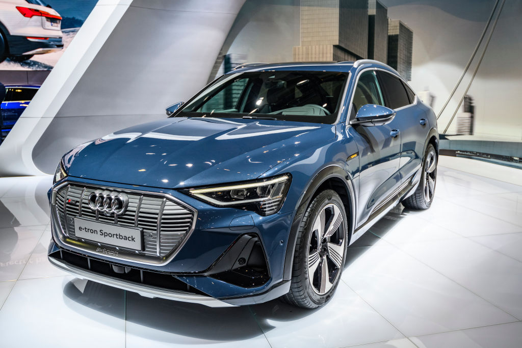 Audi e-tron Sportback full electric luxury crossover SUV car on display at Brussels Expo