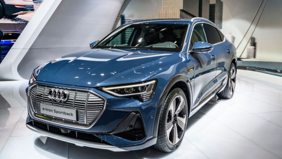 Audi e-tron Sportback full electric luxury crossover SUV car on display at Brussels Expo
