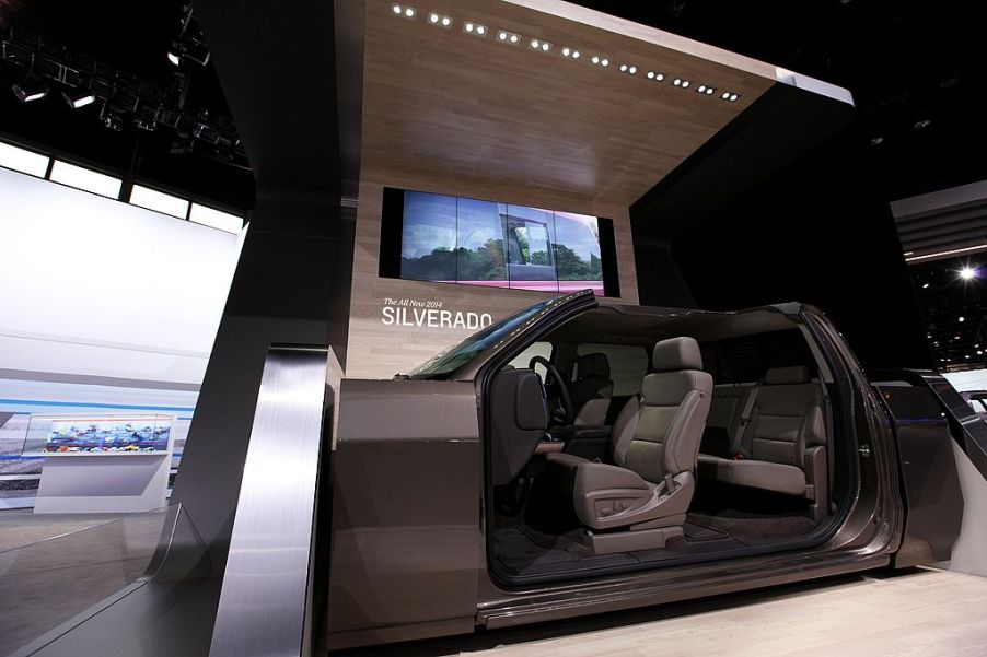 The interior of the Chevy Silverado on display at an auto show