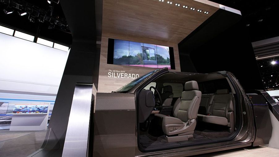 The interior of the Chevy Silverado on display at an auto show