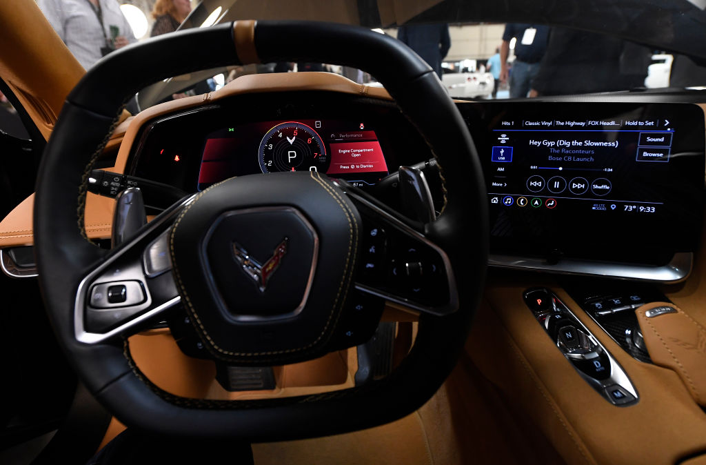 A close-up of the squared-off steering wheel in the 2020 Chevrolet Corvette.