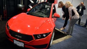 A 3-wheeled Electra Meccanica on display