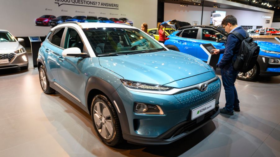 A brand new Hyundai Kona on display at an auto show