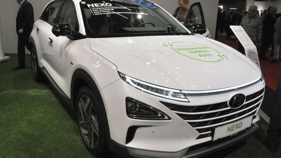 A Hyundai Nexo is seen during the Vienna Car Show press preview at Messe Wien
