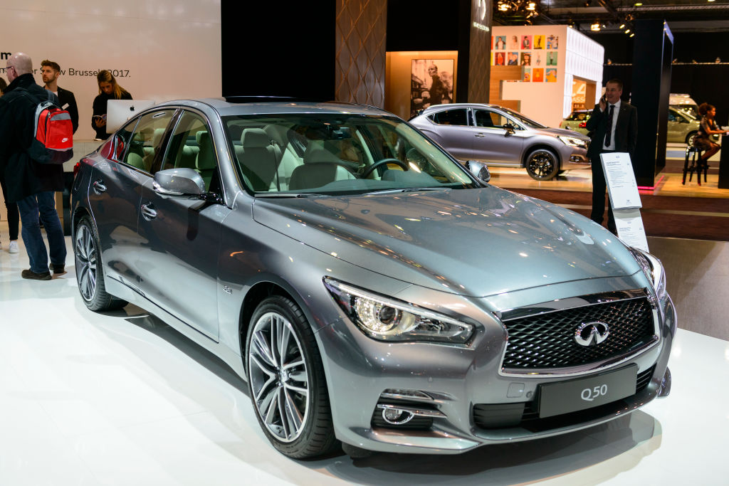 An Infiniti Q50 on display at an auto show