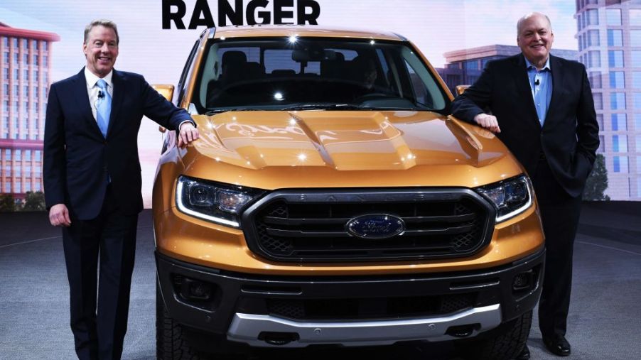 Bill Ford (L), executive chairman of the Ford Motor Company, and Jim Hackett (R), President and CEO, pose with the 2019 Ford Ranger