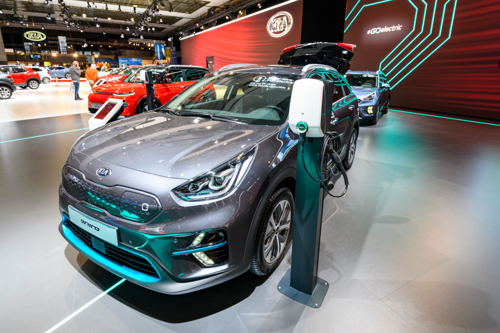 KIA Niro EV all electric subcompact crossover on display at Brussels Expo is a compact SUV with good reliability scores according to the 2018 consumer reports survey