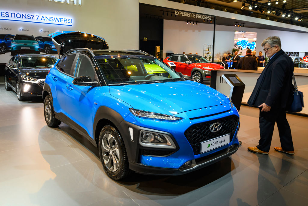 Hyundai Kona Hybrid compact crossover suv on display at Brussels Expo on January 9, 2020 in Brussels, Belgium