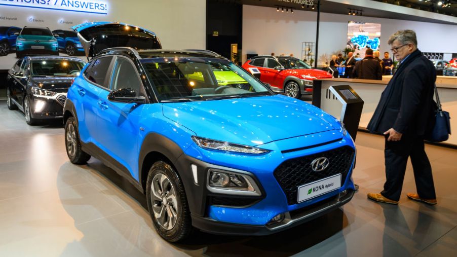 Hyundai Kona Hybrid compact crossover suv on display at Brussels Expo on January 9, 2020 in Brussels, Belgium