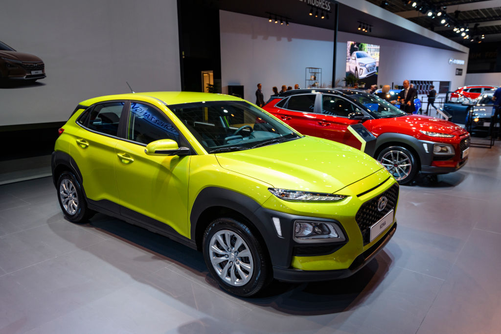 Hyundai Kona compact crossover suv on display at Brussels Expo on January 9, 2020