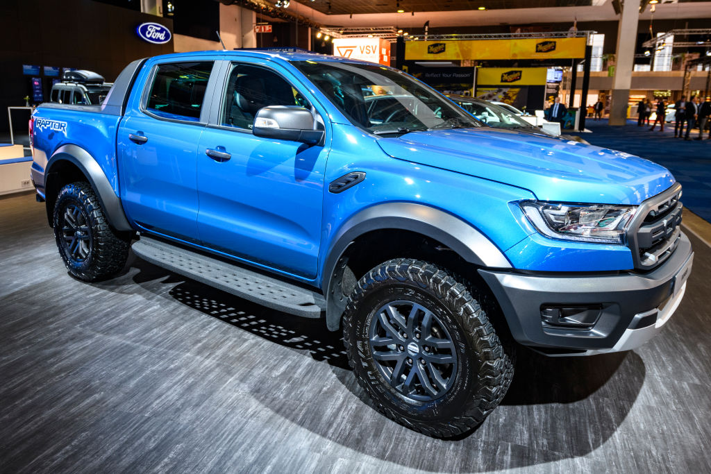 A 2020 Ford F-150 on display at an auto show