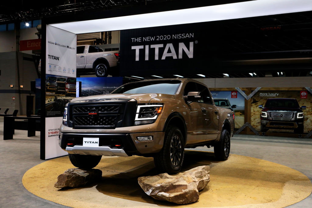 A new 2020 Nissan Titan on display at an auto show