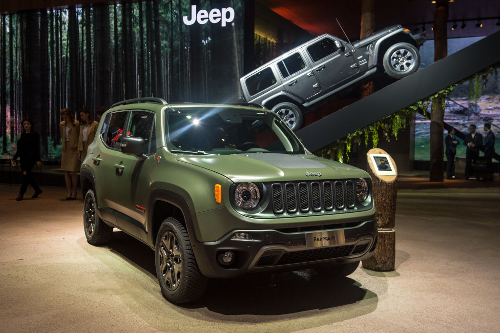 A Jeep Renegade on display at an auto show
